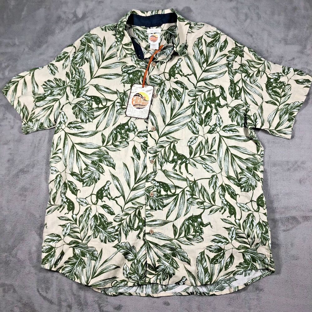 C&C California Button Down Shirt Men XL Tan Green 100% Linen Safari Tropical NEW